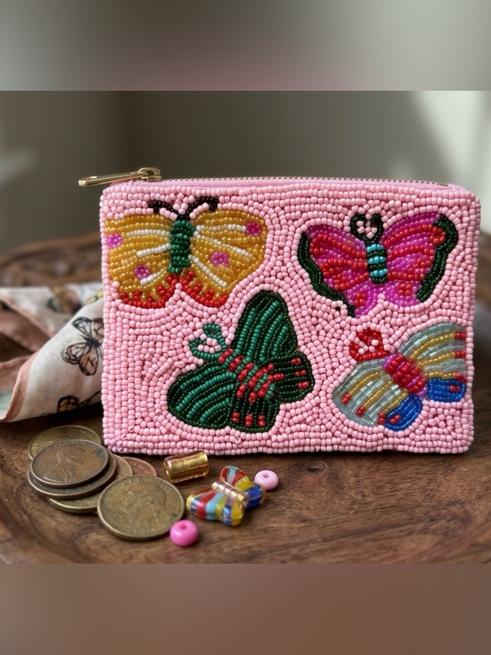 FULLY BEADED PINK BUTTERFLY COIN PURSE